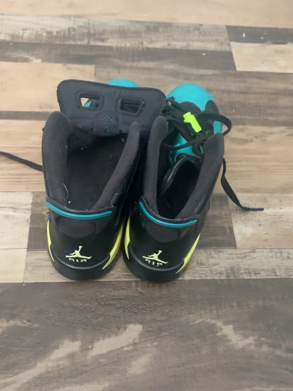Jordan Men's Black and Teal Basketball Sneakers with Neon Yellow Accents